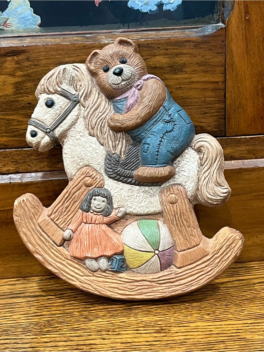 Vintage 1986 Frankie’s Designs Teddy Bear Rocking Horse Wall Hanging Cottage